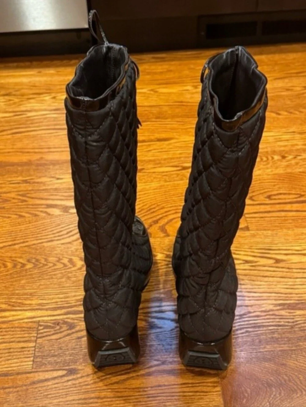 Tory Burch Black Gigi Nylon Quilted Tall wedge boots brown logo size 10 like new